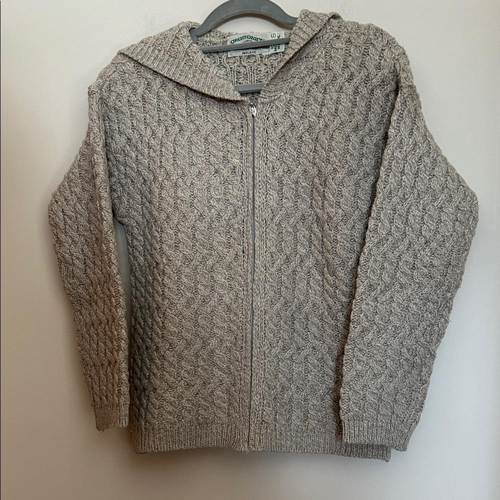 Aran Crafts Ireland 100% Merino Wool Zip Up Cable Knit Hooded Sweater size S